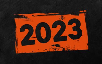 4k, 2023년 새해 복 많이 받으세요, 주황색 그런지 숫자, 회색 돌 배경, 2023년 컨셉, 2023 추상 숫자, 그런지 아트, 2023 오렌지 배경, 2023년
