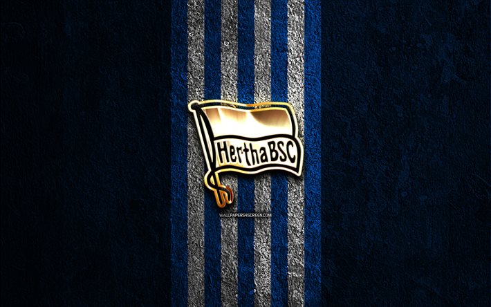 hertha bsc الشعار الذهبي, 4k, الحجر الأزرق الخلفية, الدوري الالماني, نادي كرة القدم الألماني, شعار hertha bsc, كرة القدم, هيرتا برلين, هيرتا إف سي