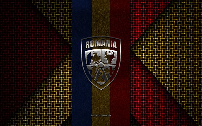 rumäniens fotbollslandslag, uefa, röd gul blå stickad textur, europa, rumäniens fotbollslandslags logotyp, fotboll, rumäniens fotbollslandslags emblem, rumänien