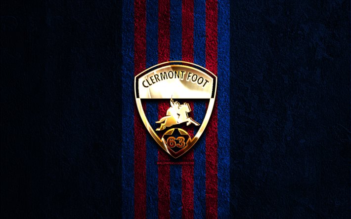 clermont foot 63 kultainen logo, 4k, sininen kivi tausta, ligue 1, ranskalainen jalkapalloseura, clermont foot 63 logo, jalkapallo, clermont foot 63 tunnus, clermont foot 63, clermont foot fc