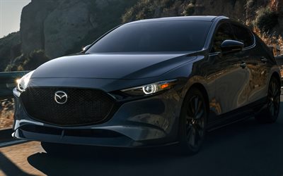 Mazda 3 hatchback, 4k, highway, 2022 cars, headlights, Gray Mazda 3, japanese cars, Mazda3, Mazda 3 Turbo, 2022 Mazda 3, Mazda