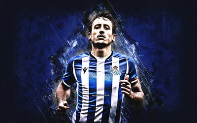 mikel oyarzabal, real sociedad, centrocampista de fútbol español, la liga, fondo de piedra azul, retrato, mikel oyarzabal ugarte, la real