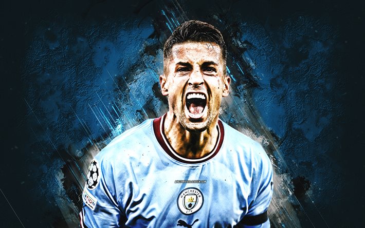 Joao Cancelo, Manchester City FC, Portuguese Football Player, Portrait, Blue Stone Background, Football, England, Premier League, Man City
