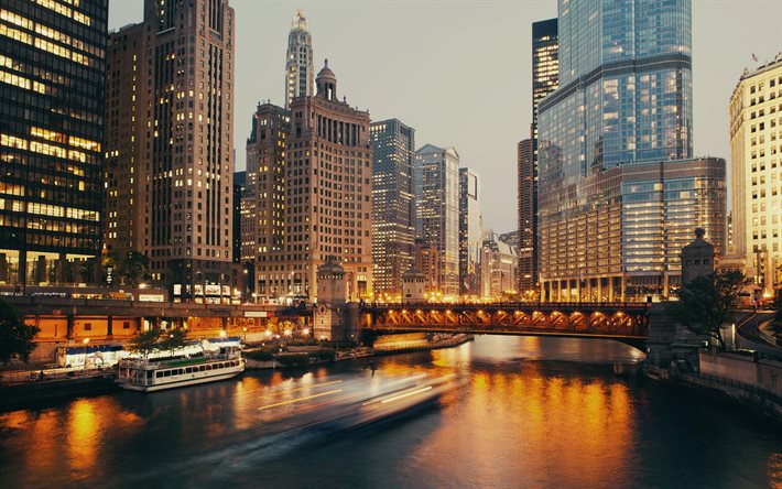 chicago, sera, tramonto, grattacieli, edifici moderni, centri commerciali, paesaggio urbano di chicago, illinois, usa