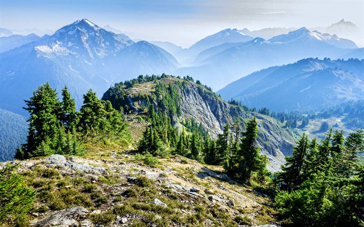 Copper Ridge Loop, 4k, mountains, forest, summer, North Cascades National Park, Washington, USA, America, american landmarks, beautiful nature