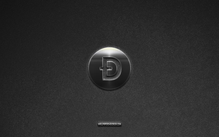 Dogecoin logo, cryptocurrency, gray stone background, Dogecoin emblem, cryptocurrency logos, Dogecoin, cryptocurrency signs, Dogecoin metal logo, stone texture