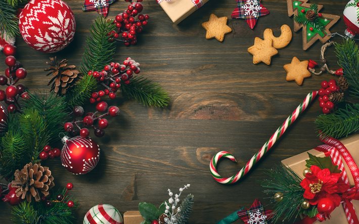 クリスマスの背景, 4k, クリスマスの飾り, 茶色の木製の背景, メリークリスマス, あけましておめでとう, クリスマス テンプレート, クリスマスの赤と白のロリポップ