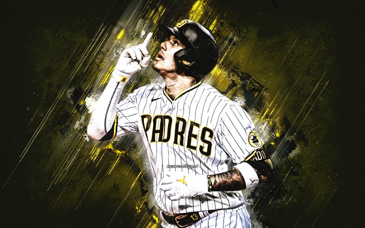 Manny Machado, San Diego Padres, MLB, Major League Baseball, Dominican baseball player, portrait, yellow stone background, baseball, USA