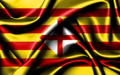 バルセロナの旗, 4k, スペインの地方, 布旗, バルセロナの日, 波状の絹の旗, スペイン, スペインの州, バルセロナ