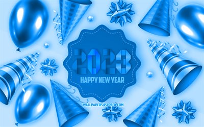feliz año nuevo 2023, 4k, fondo azul 2023, globos azules, conceptos 2023, plantilla azul 2023, tarjeta de felicitación azul 2023