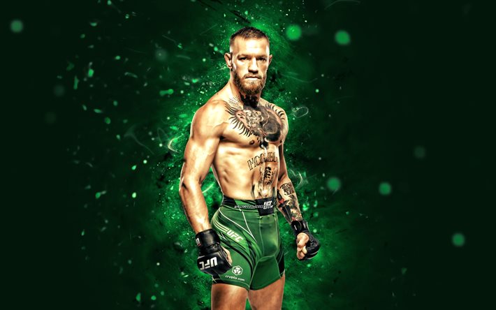 Conor McGregor, 4k, green neon lights, UFC, irish fighters, Ultimate Fighting Championship, Featherweight division, male fighters, Conor McGregor 4K, green abstract background, Notorious, Conor Anthony McGregor