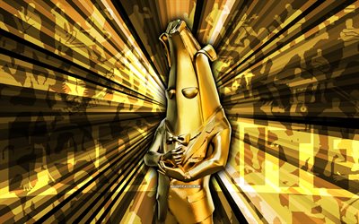 4k, Gold Agent Peely Fortnite, gold rays background, Gold Agent Peely Skin, abstract art, Fortnite Gold Agent Peely Skin, Fortnite characters, Gold Agent Peely, Fortnite, creative art