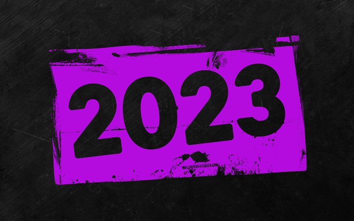4k, 2023 feliz ano novo, dígitos grunge violeta, fundo de pedra cinza, conceitos de 2023, 2023 dígitos abstratos, arte grunge, fundo violeta 2023, 2023 ano