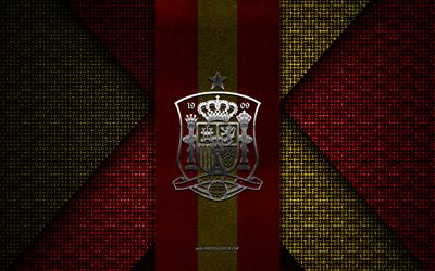 Spain national football team, UEFA, red yellow knitted texture, Europe, Spain national football team logo, soccer, Spain national football team emblem, football, Spain