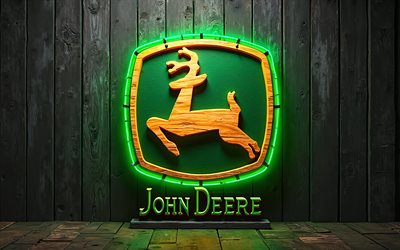 john deere wooden logo, 4k, creativo, luci al neon verde, sfondo di legno nero, logo john deere neon, marchi, john deere logo, società di ingegneria, john deere