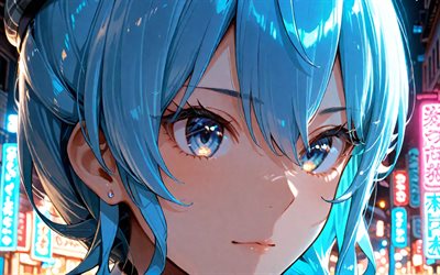 4k, hoshimachi suisei, retrato, noche, luces de neón, youtuber virtual, jeroglíficos japoneses, vtuber, obra de arte, ojos azules, manga, channel hoshimachi suisei, hoshimachi suisei youtuber