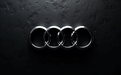 logotipo de audi chrome, 4k, logotipo de audi steel, fondo de piedra negra, logotipo de audi metal, audi emblema, logotipo de audi, autos alemanes, audi, muro negro