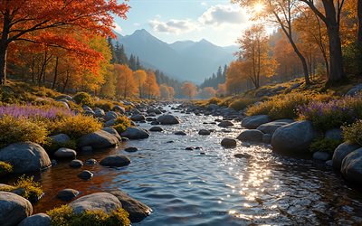 rio da montanha, 4k, paisagem de outono, laranjeiras, folhas de laranja, árvores de outono laranja, noite, rio, outono, paisagem montanhosa