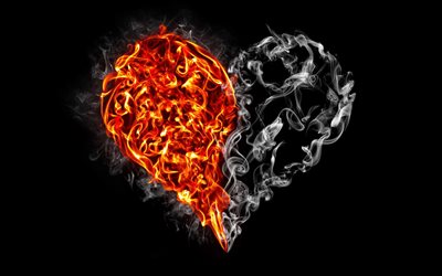 coração, fogo, fumaça, criativo, fundo preto
