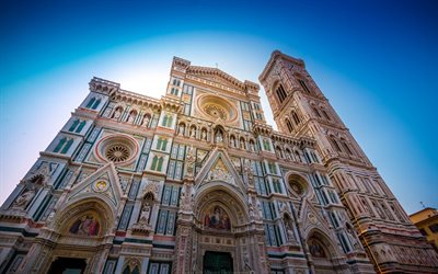 Cathedral of Santa Maria del Fiore, summer, sky, Giottos bell tower, Duomo, Florence, Italy