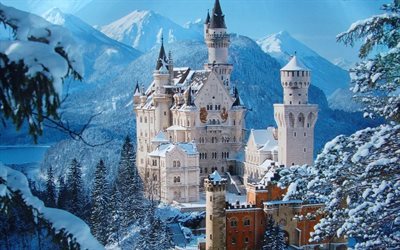 नेउशवांस्टीन महल, पहाड़ों, सर्दी, बर्फ, देवदार के पेड़, जर्मनी