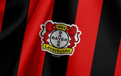 bayer 04 leverkusen, tyskt fotbollslag, röd svart flagga, emblem, tygstruktur, logotyp, bundesliga, leverkusen, tyskland, fotboll