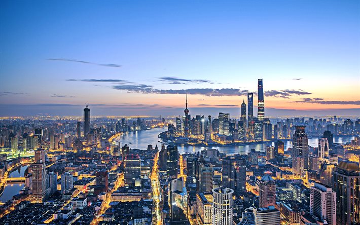 4k, Shanghai World Financial Center, HDR, Shanghai Tower, Jin Mao, grattacieli, tramonto, Cina, Asia, Shanghai