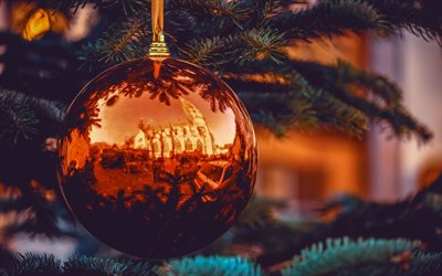 4k, New Year, bronze ball, christmas tree, Merry Christmas, Happy New Year, ball on tree, xmas tree