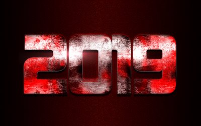 جديدة 2019 العام, الإبداعية الأرقام الحمراء, معدنية نقش, الأحمر 2019 الخلفية, سنة جديدة سعيدة, الفن
