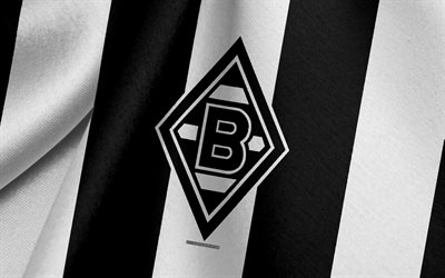 borussia mönchengladbach, deutsche fußball-nationalmannschaft, schwarze und weiße flagge, emblem, stoff-textur, logo, bundesliga, mönchengladbach, deutschland, fußball