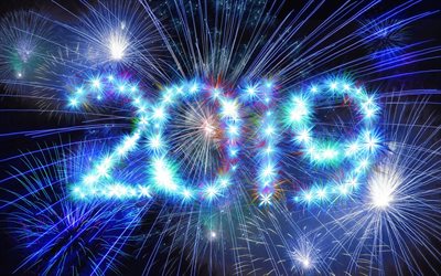 2019 Anno Nuovo, blu di fuochi d'artificio, notte, cielo, 2019 creativo, sfondo blu, arte, 2019 concetti, 2019 Anno