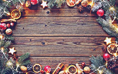 weihnachten dekoration-rahmen, holz-hintergrund, weihnachten, goldene dekoration, frohe weihnachten, weihnachtsbeleuchtung, glückliches neues jahr