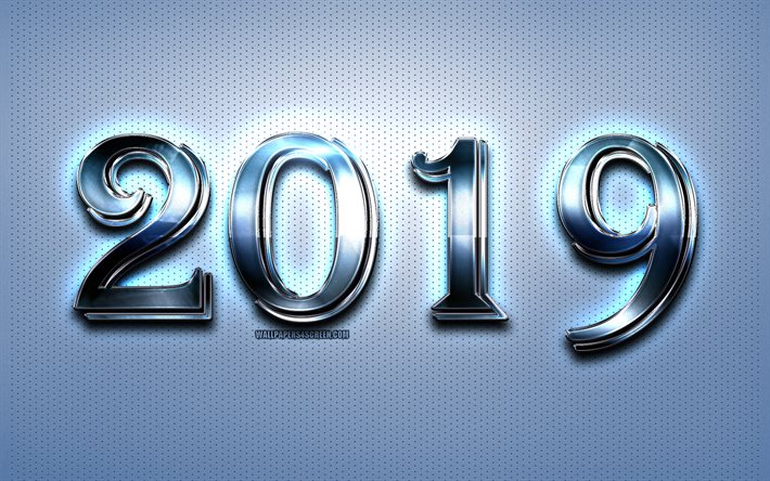 2019 blue metal digits, blue metal background, Happy New Year 2019, brown digits, 2019 concepts, neon lights, 2019 on metal background, 2019 year digits