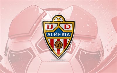 UD Almeria glossy logo, 4K, red football background, LaLiga, soccer, spanish football club, UD Almeria 3D logo, UD Almeria emblem, Almeria FC, football, La Liga, sports logo, UD Almeria logo, UD Almeria