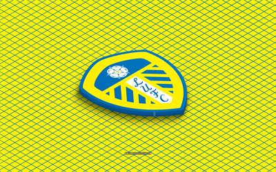 4k, Leeds United FC isometric logo, 3d art, English football club, isometric art, Leeds United FC, yellow background, Premier League, England, football, isometric emblem, Leeds United FC logo
