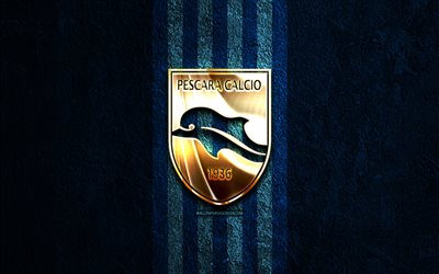 Pescara golden logo, 4k, blue stone background, Serie B, Italian football club, Pescara logo, soccer, Pescara emblem, Delfino Pescara 1936, football, Pescara FC