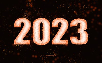 새해 복 많이 받으세요 2023, 오렌지 반짝이 예술, 2023 오렌지 반짝이 배경, 2023년 컨셉, 2023 새해 복 많이 받으세요, 검정색 배경
