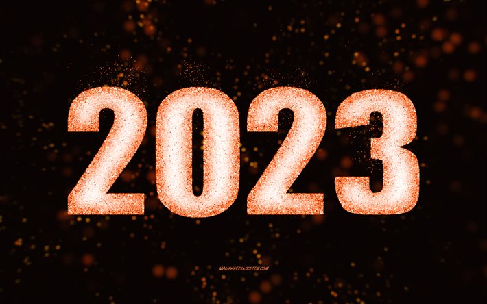Happy New Year 2023, orange glitter art, 2023 orange glitter background, 2023 concepts, 2023 Happy New Year, black background