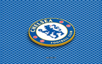 4k, Chelsea FC isometric logo, 3d art, English football club, isometric art, Chelsea FC, blue background, Premier League, England, football, isometric emblem, Chelsea FC logo