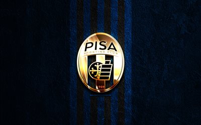 Pisa SC golden logo, 4k, blue stone background, Serie B, Italian football club, Pisa SC logo, soccer, Pisa SC emblem, Pisa SC, football, Pisa FC