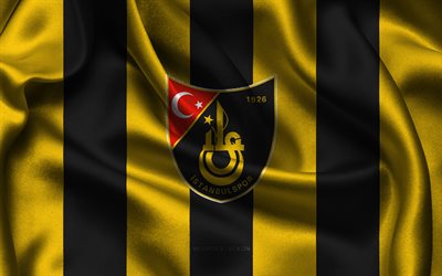 4k, Istanbulspor logo, yellow black silk fabric, Turkish football team, Istanbulspor emblem, Super Lig, Istanbulspor, Turkey, football, Istanbulspor flag