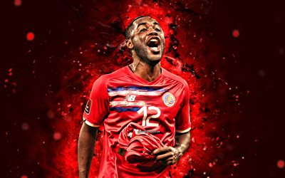 Joel Campbell, 4k, red neon lights, Costa Rica National Football Team, soccer, CONCACAF, footballers, red abstract background, Costa Rican football team, Joel Campbell 4K