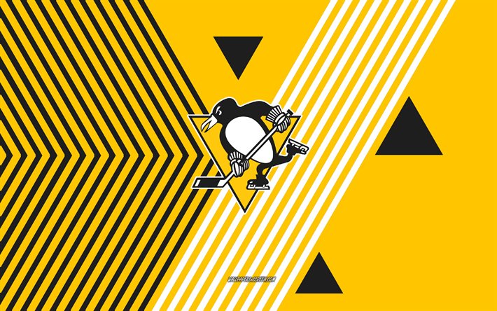 pittsburgh penguinsin logo, 4k, amerikkalainen jääkiekkojoukkue, keltaiset mustat viivat taustalla, pittsburgh penguins, nhl, usa, viivapiirros, pittsburgh penguinsin tunnus, jääkiekko