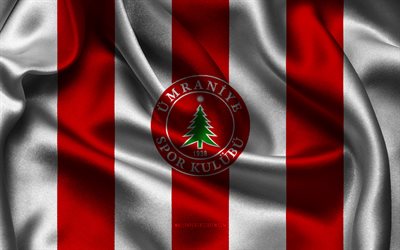 4k, Umraniyespor logo, red white silk fabric, Turkish football team, Umraniyespor emblem, Super Lig, Umraniyespor, Turkey, football, Umraniyespor flag