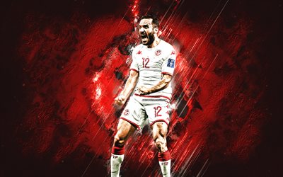 ali maaloul, seleção nacional de futebol da tunísia, futebolista tunisiano, fundo de pedra vermelha, arte grunge, tunísia, catar 2022, futebol