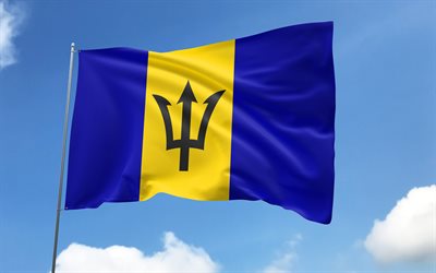 drapeau de la barbade sur mât, 4k, pays d'amérique du nord, ciel bleu, drapeau de la barbade, drapeaux de satin ondulés, drapeau barbadien, symboles nationaux de la barbade, mât avec des drapeaux, jour de la barbade, amérique du nord, barbade