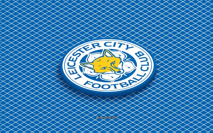 4k, Leicester City FC isometric logo, 3d art, English football club, isometric art, Leicester City FC, blue background, Premier League, England, football, isometric emblem, Leicester City FC logo