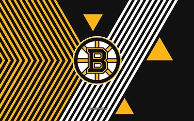 boston bruins logo, 4k, amerikanische eishockeymannschaft, gelber schwarzer linienhintergrund, boston bruins, nhl, vereinigte staaten von amerika, strichzeichnungen, boston bruins emblem, eishockey