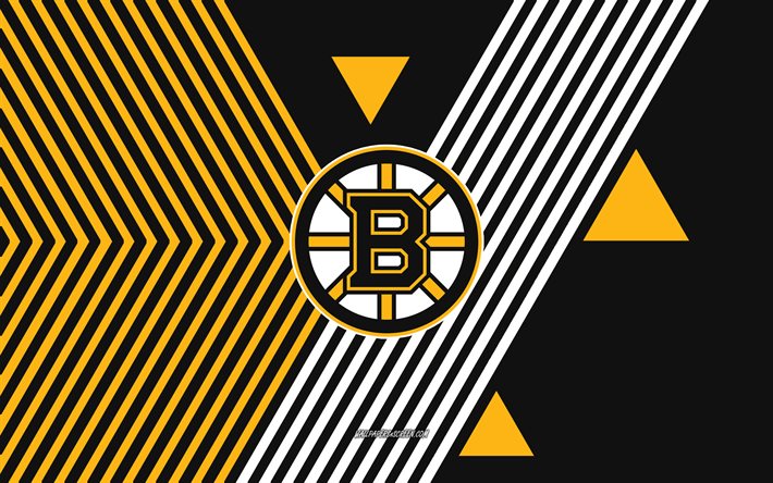 boston bruins logosu, 4k, amerikan hokey takımı, sarı siyah çizgiler arka plan, boston bruins, nhl, amerika birleşik devletleri, hat sanatı, boston bruins amblemi, hokey