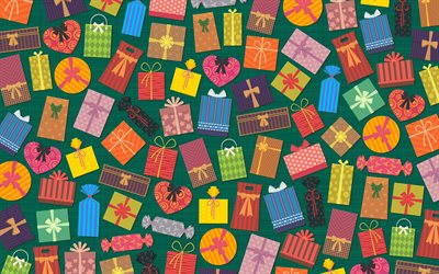 geschenkboxen muster, 4k, vektortexturen, kreativ, bunte geschenkboxen, glückwunsch hintergründe, geschenkboxen texturen, hintergrund mit geschenkboxen